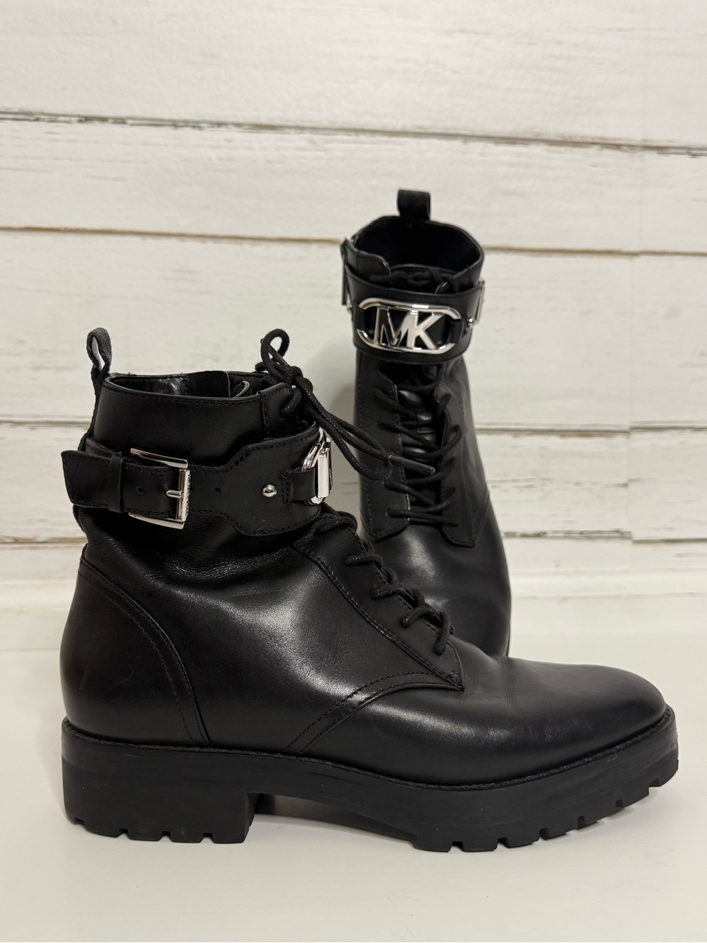 Michael Kors Kincaid Black Leather Combat Boots MK Logo